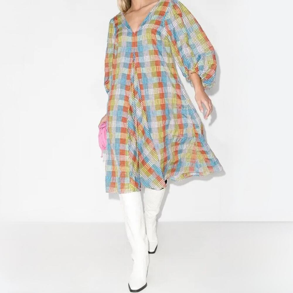 Ganni Seersucker Check Puff Sleeve V Neck Mini Dress XS Multicolor Plaid AS IS